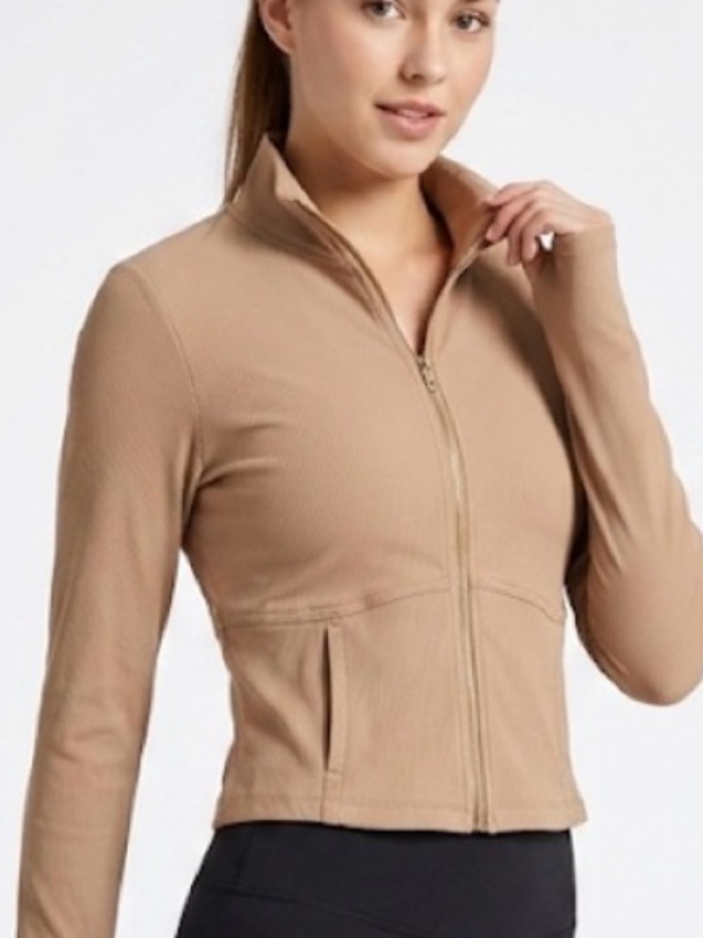 Jason Wu Ribbed Full‎ Zip Cropped Active Jacket Tan Medium